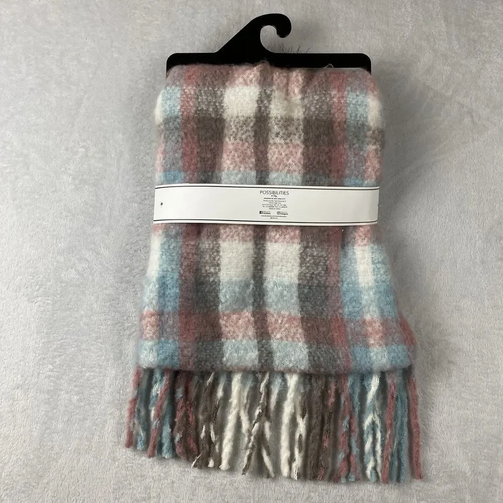 Possibilities by Toby Plaid Scarf Hat Set Faux Fur Pom Pastel Winter Soft Cozy